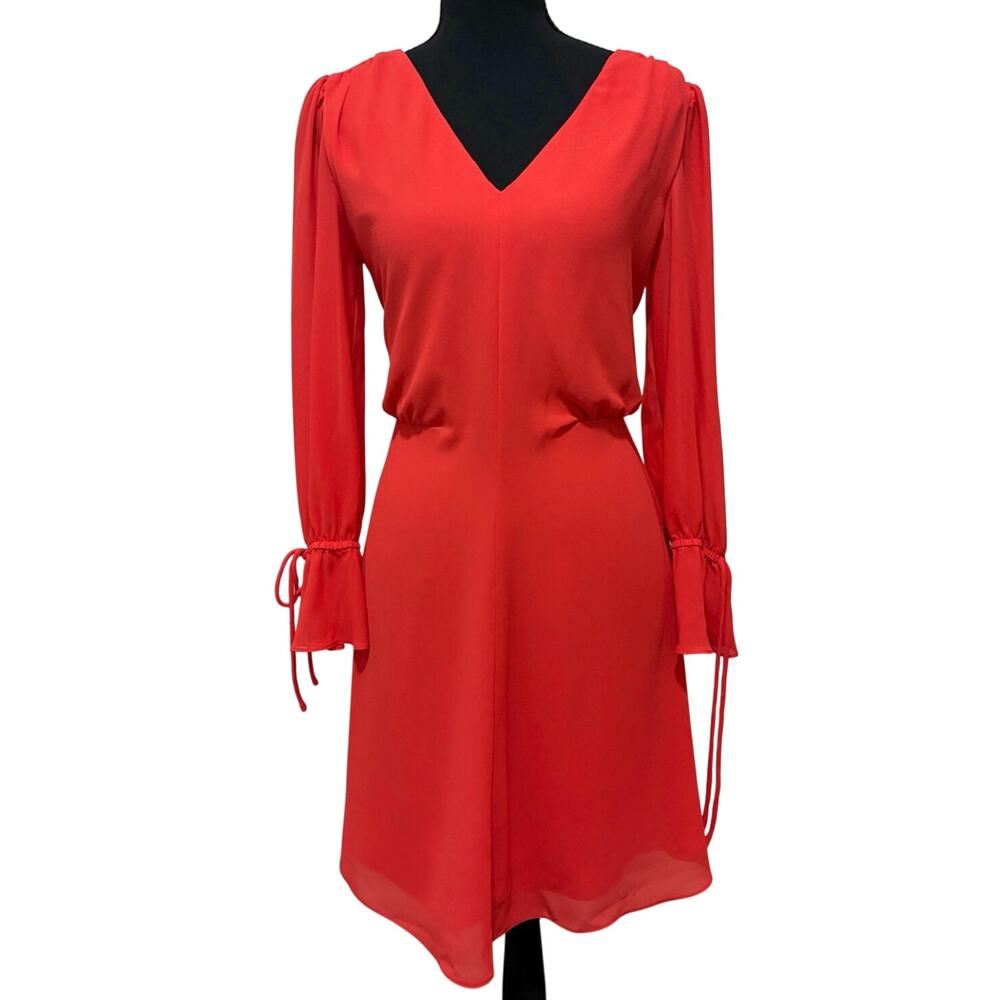 Vince Camuto Women’s 6 Coral Chiffon Dress Long Sleeve Tie Cuff V Neck